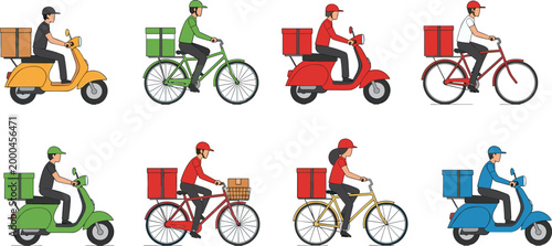 Cartoon Food Delivery Riders Collection Set with Couriers on Scooters and Bicycles Carrying Packages Flat Style Vector Illustration on White Background