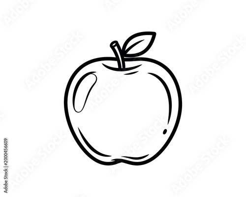 Hand-drawn black and white apple sketch with leaf, minimalist line art illustration for design and education
