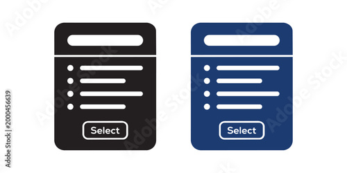 User interface selection form icon with bullet points and select button, presented in black and blue colors, for digital choices or options