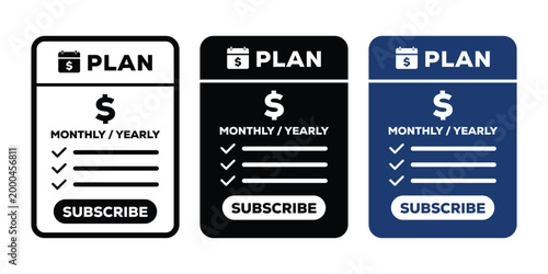 Set of three subscription plan pricing table icons with different color styles, including white, black, and blue designs for web and mobile interfaces