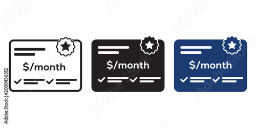 Subscription plan icon set, monthly payment symbol, premium service badge, credit card or billing vector illustration, flat design elements for web and mobile app interface