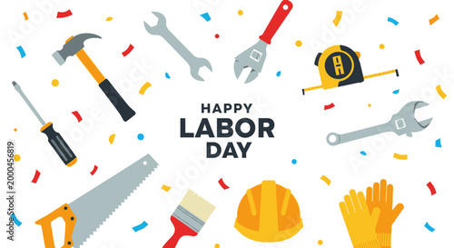 Happy Labor Day Celebration with Construction Tools and Confetti