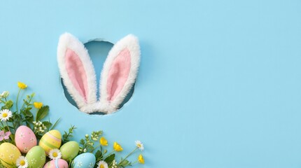 Easter bunny ears peeking from hole on blue background, spring holiday concept, playful rabbit scene, festive seasonal banner, clean copy space, no logos