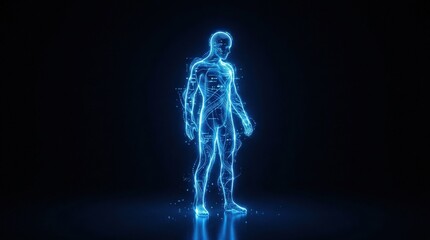 Illuminated blue silhouette of a person on a dark black background, identity and digital presence concept with glowing human outline and minimal composition, cinematic light, no logos
