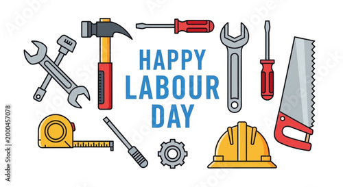 Happy Labour Day Greeting Card with Construction Tools Illustration
