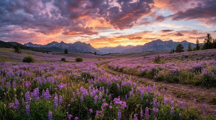 Purple wildflower field under a dramatic colorful evening sky, expansive floral landscape with vibrant sunset tones and atmospheric nature beauty, realistic detail, no logos