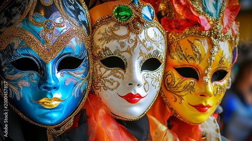 Colorful traditional masquerade masks for Mardi Gras or Venice carnival celebration.