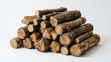 Rough natural wood pieces stacked on white background, organic material texture for rustic design, carpentry, and nature concepts, realistic detail, no logos