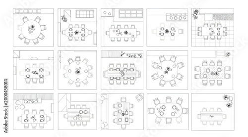 Set of dining room furniture top view icons for architectural floor plans