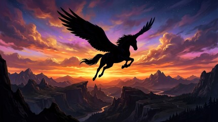 Majestic black Pegasus silhouetted against vibrant twilight sky, mythical winged horse concept, dramatic fantasy landscape, glowing horizon and clouds, no logos