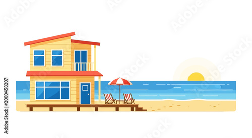 flat vector illustration of beach house by the sea