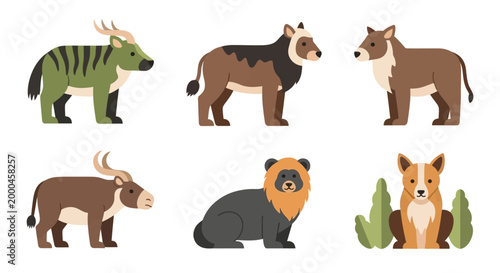 Flat Vector Illustration of Six Stylized Animal Characters
