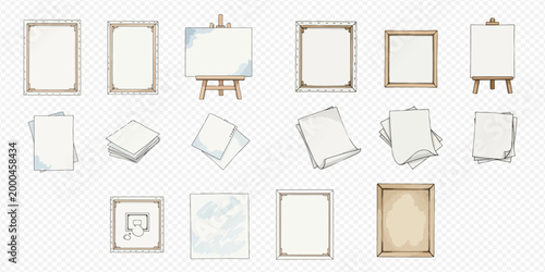 Set of blank white paper sheets, canvases, and frames for art or documents on transparent background.