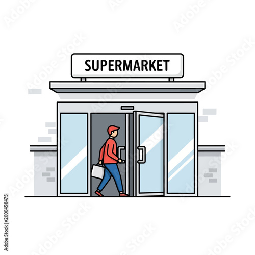 Man Entering Supermarket with Shopping Bag, Modern Store Entrance