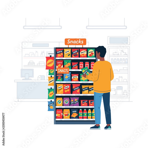Man choosing snacks from a brightly lit supermarket aisle display