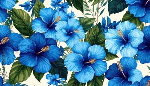 Vibrant Blue Hibiscus Flowers Seamless Pattern Tropical Floral Design.