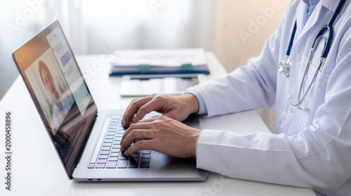 Doctor working on laptop for online medical consultation, telemedicine, teleconsultation, remote healthcare, online doctor visit concept