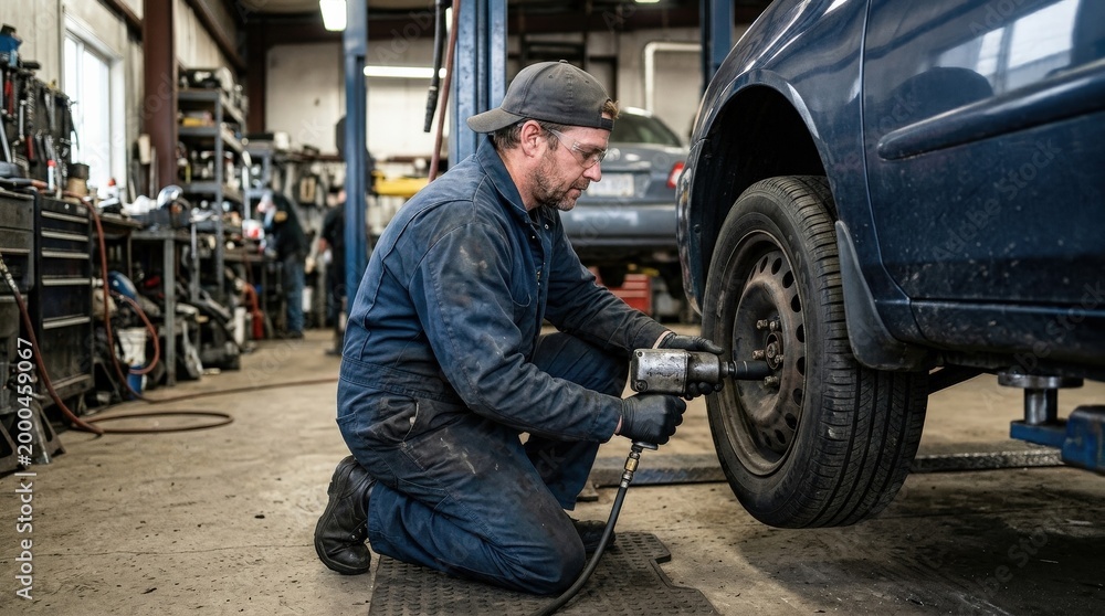 Fototapeta premium Mechanic wearing glasses and cap tightening lug nuts on car wheel, automotive service concept, focused repair work in workshop, no logos