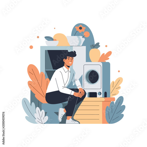 Man Sitting by Appliances and Plants, Modern Home Interior