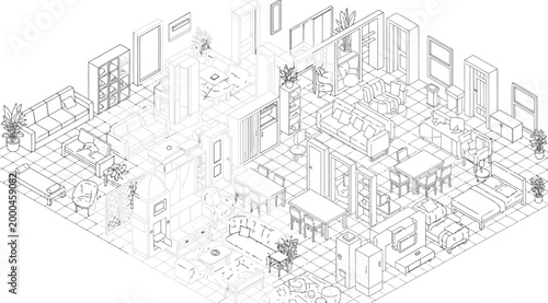Isometric interior furniture set line art illustration