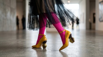 Stylish yellow heels with geometric heels paired with pink tights under a sheer black skirt, bold fashion detail close-up, elegant color blocking, editorial styling, no logos