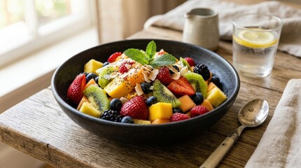 Healthy mixed fruit salad in dark ceramic bowl, fresh nutritious meal concept with colorful ingredients and elegant modern presentation, realistic detail, no logos