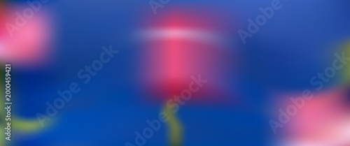 Blurred gentle rose or tulip flowers on blue background. Abstract ethereal pink florals gradient backdrop. Vector spring botanical gradation template for presentation. Soft smooth botanical blurry bg.
