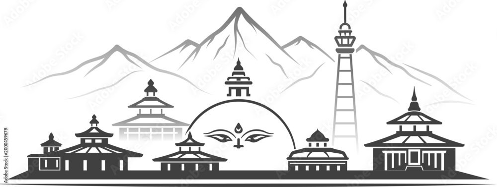 Fototapeta premium Nepal skyline with spiritual symbols and Himalayan mountain vector
