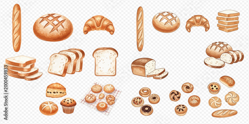 Delicious Assortment of Freshly Baked Breads, Pastries, and Bakery Items on Transparent Background.