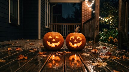 Two happy jack o lanterns on wet wooden porch in rain, playful Halloween decoration, glowing carved pumpkins, autumn holiday night scene, cinematic reflections, moody light, no logos