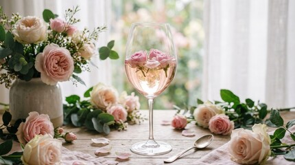 Pink rosebuds floating in light rosé water inside wine glass, delicate romantic still life with fresh cut roses and dreamy pastel tones, realistic detail, no logos
