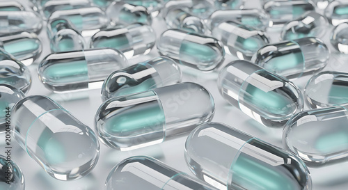 Clear capsule pills with blue liquid inside a close-up macro shot of medical capsules for healthcare and pharmaceutical concepts isolated on a white background