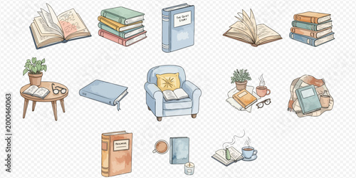 Watercolor collection of books and reading elements, including open books, stacked books, an armchair, a table, and a cup of tea, perfect for cozy literary themes.