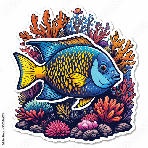 Colorful illustration of a vibrant fish swimming amidst coral reefs and underwater plants.