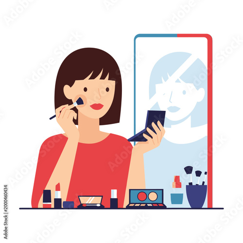 Woman Applying Makeup in Mirror