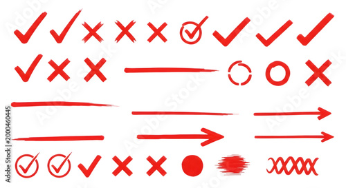 Red checkmarks x marks and arrows isolated on transparent background
