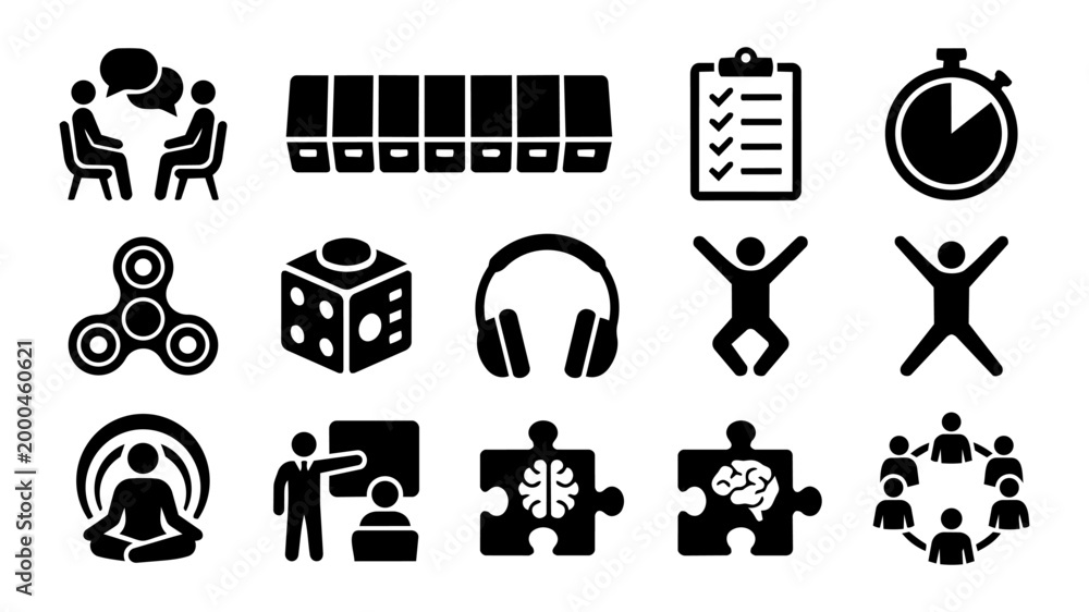Obraz premium ADHD Therapy Silhouette Set – Daily Management, Coping Strategies and Support Icons