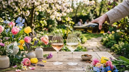 White wine being poured into an elegant glass beside a rosé glass surrounded by colorful spring flowers, fresh outdoor drink concept with vibrant contemporary styling, natural light, no logos