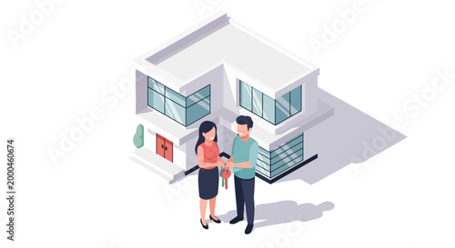 Isometric Vector Illustration of People Walking Near Modern Building