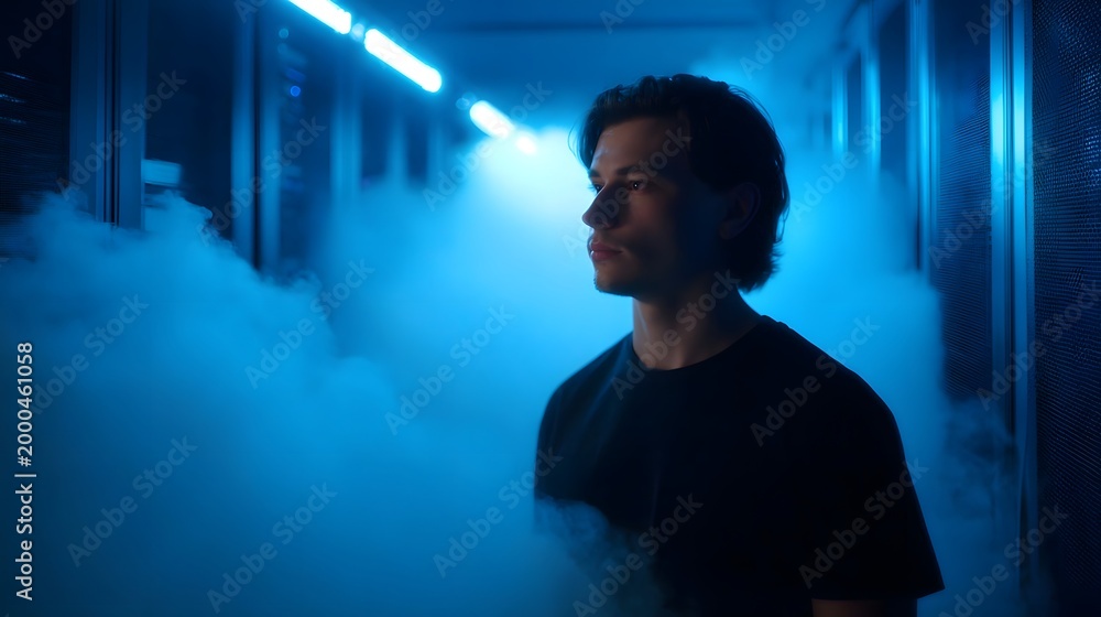 Fototapeta premium A mysterious silhouette of a person stands in a brightly lit foggy corridor of advanced technology and computing