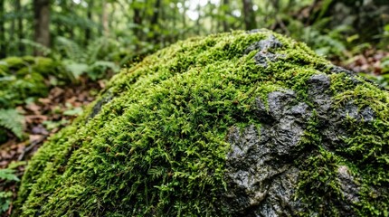 Vibrant green moss growing thickly on a rugged rock surface, lush natural texture in a woodland close up, rich detail, earthy tones, soft daylight, realistic macro photography, no logos