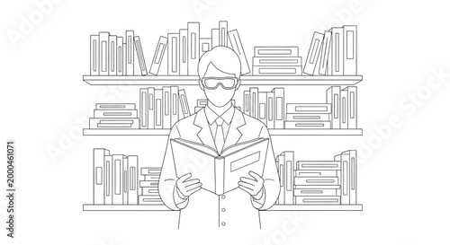 line art person reading book in library