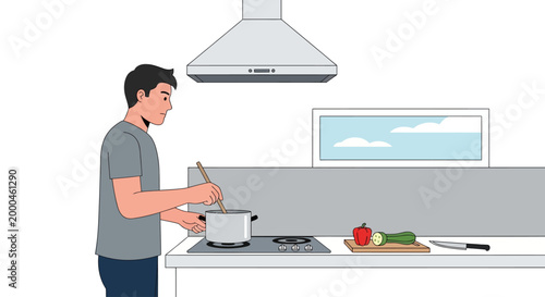 Man Cooking in Modern Kitchen Vector Illustration