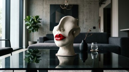 Surreal sculptural head with vivid red lips on reflective glass table in modern lounge, bold artistic still life with minimalist styling and dramatic light, polished realistic finish, no logos