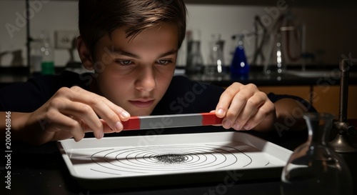 Young boy experiments with magnet and iron filings
