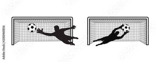 Soccer goalkeeper silhouette dynamic action shots of a player defending the goal.