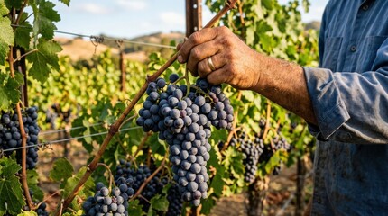 Hand holding a ripe bunch of purple grapes in a vineyard, close up harvest scene with fresh fruit and natural farming context, golden daylight, realistic agricultural detail, no logos