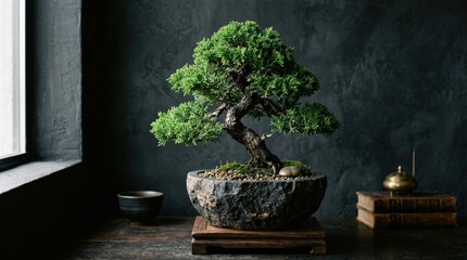 Elegant green bonsai tree in a stone bowl on a dark textured background, refined miniature plant display with balanced form and premium interior decor appeal, dramatic light, no logos
