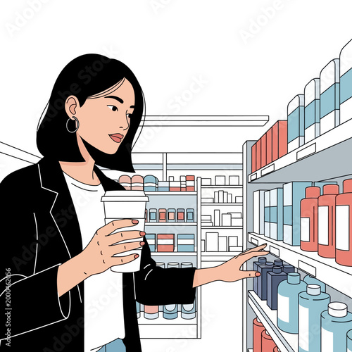 Young woman choosing products from supermarket shelves, holding coffee cup.
