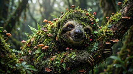 Close up sloth covered in moss and mushrooms, whimsical forest creature portrait, rich natural textures, fantasy inspired wildlife concept, soft moody light, detailed focus, no logos